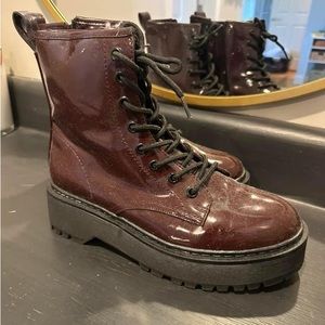 Maroon faux patent leather platform combat boots